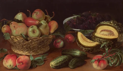 Still Life with Apples, Pears, Cucumbers, Figs, Plums, and a Melon by Fede Galizia, painting, 1620-1630