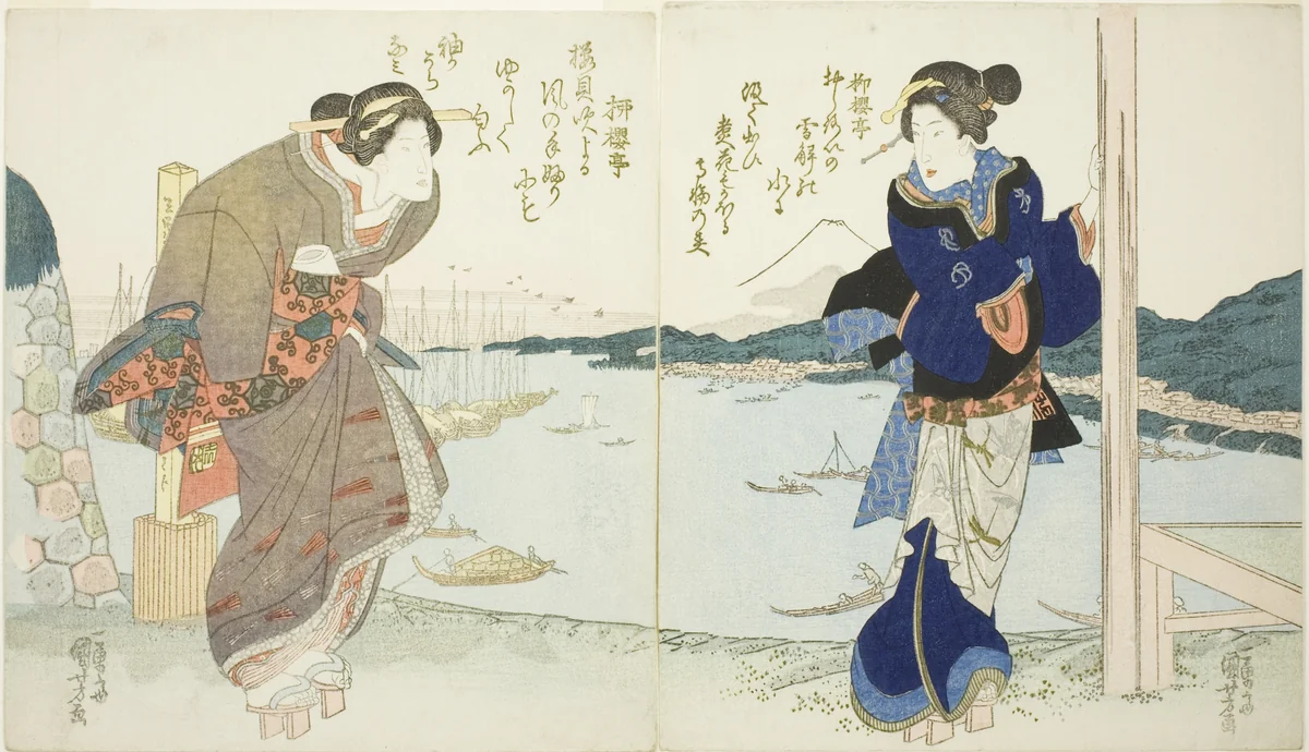 Two women by a tea house in Takanawa by Utagawa Kuniyoshi (歌川國芳), print