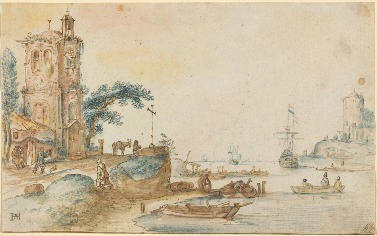 Scene with a Tower to the Left by Hendrick Avercamp, drawing, 1620