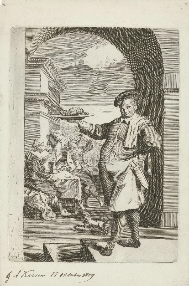 Kok bij een drinkend gezelschap by George Andries Karsen, print, 1859