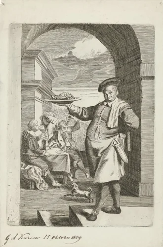 Kok bij een drinkend gezelschap by George Andries Karsen, print, 1859