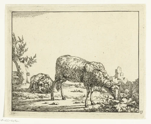 Grazend schaap en liggend schaap bij hek by Marcus de Bye, print, 1664