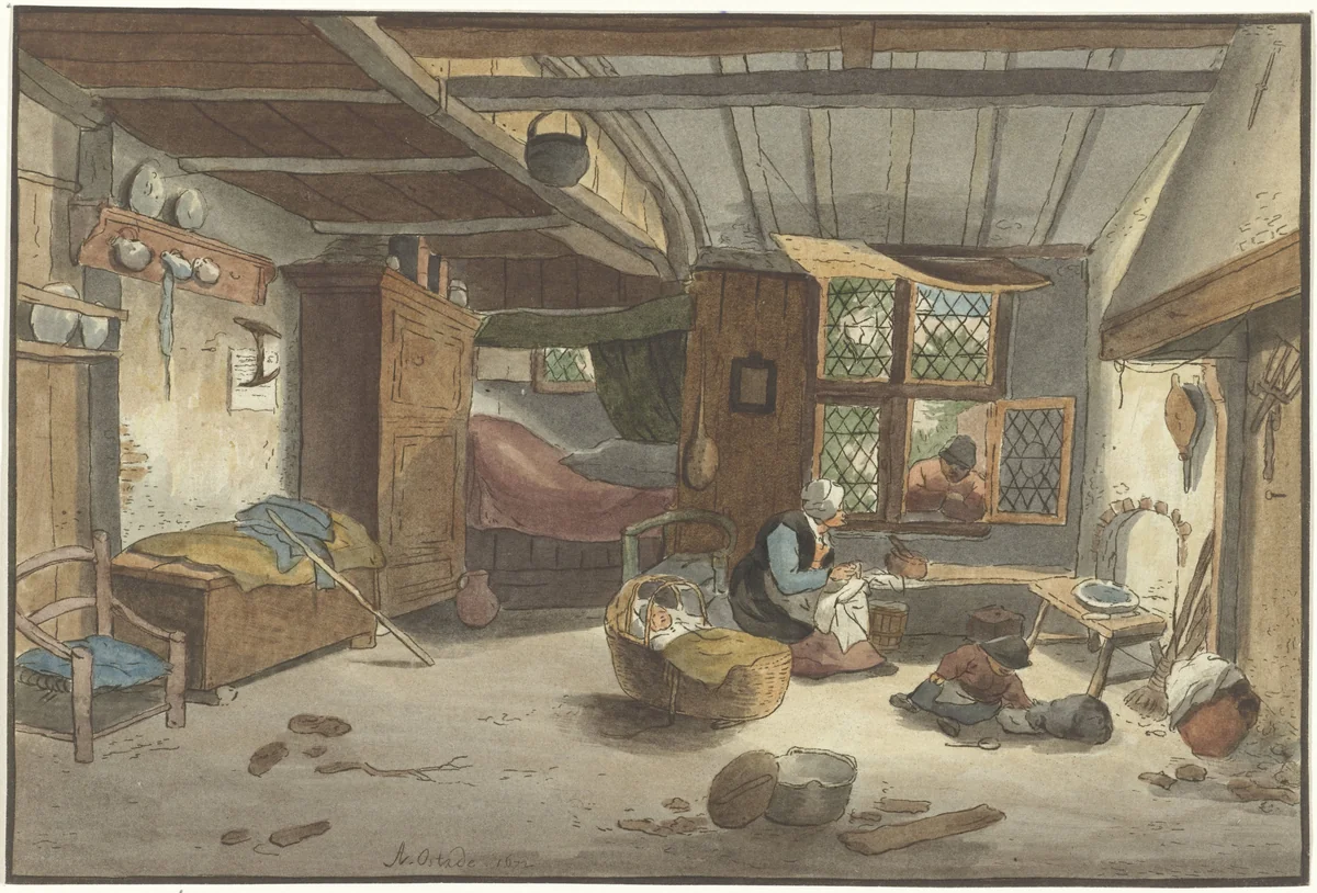Interieur met vrouw bij wieg by Cornelis Ploos van Amstel, print, 1821