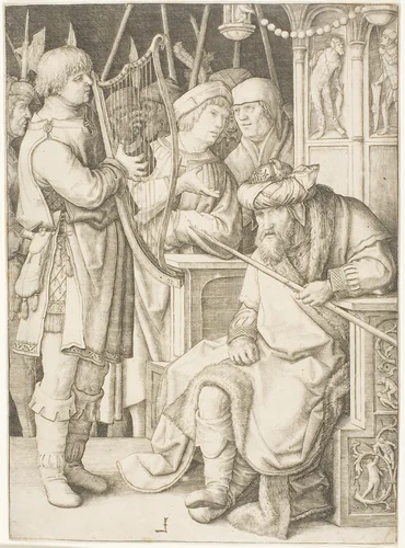 David Playing the Harp Before Saul by Lucas van Leyden, print, 1503-1513