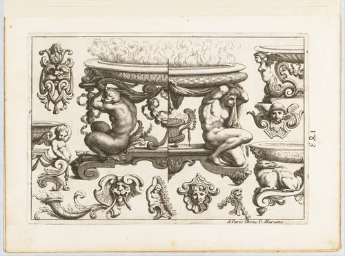 Plate 3, from "Desseins de Brasiers dont les Ornements peuuent Seruir aux Cuuettes, Tables, et autres Ouurages d'Orfeurerie" by Alexis Loir, print, 1660-1713