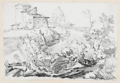 A Building on a Hill with Saint Peter's in the Distance by Joseph-Marie Vien, drawing, 1744-1750