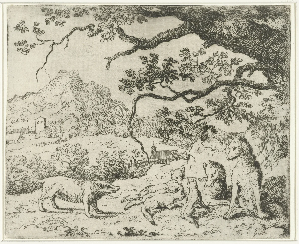 Grimbeert de das dagvaardt Reinaert de vos by Allaert van Everdingen, print, 1665-1675