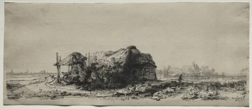 Landscape with a Cottage and Hay Barn: Oblong by Rembrandt van Rijn, print, 1641