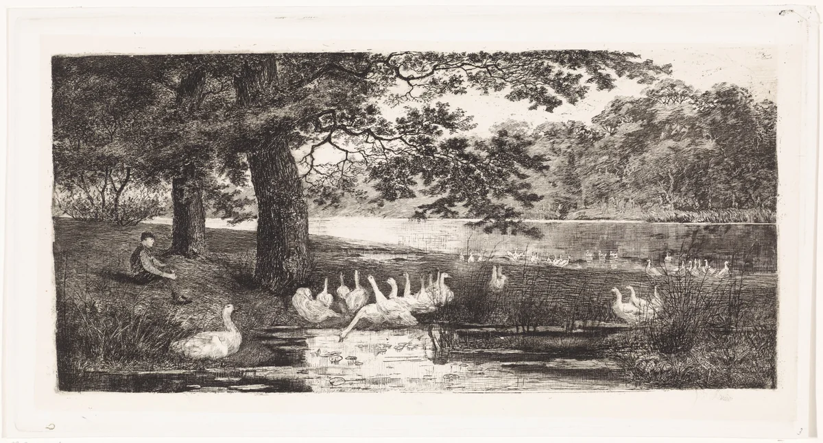 Ganzen bij het water by Elias Stark, print, 1887