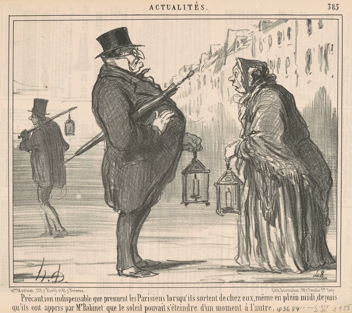 Précaution indispensable que prennent les Parisiens ... by Honoré Daumier, print, 1857
