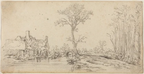 Cottage by a River by Jan van Goyen, drawing, 1627-1629
