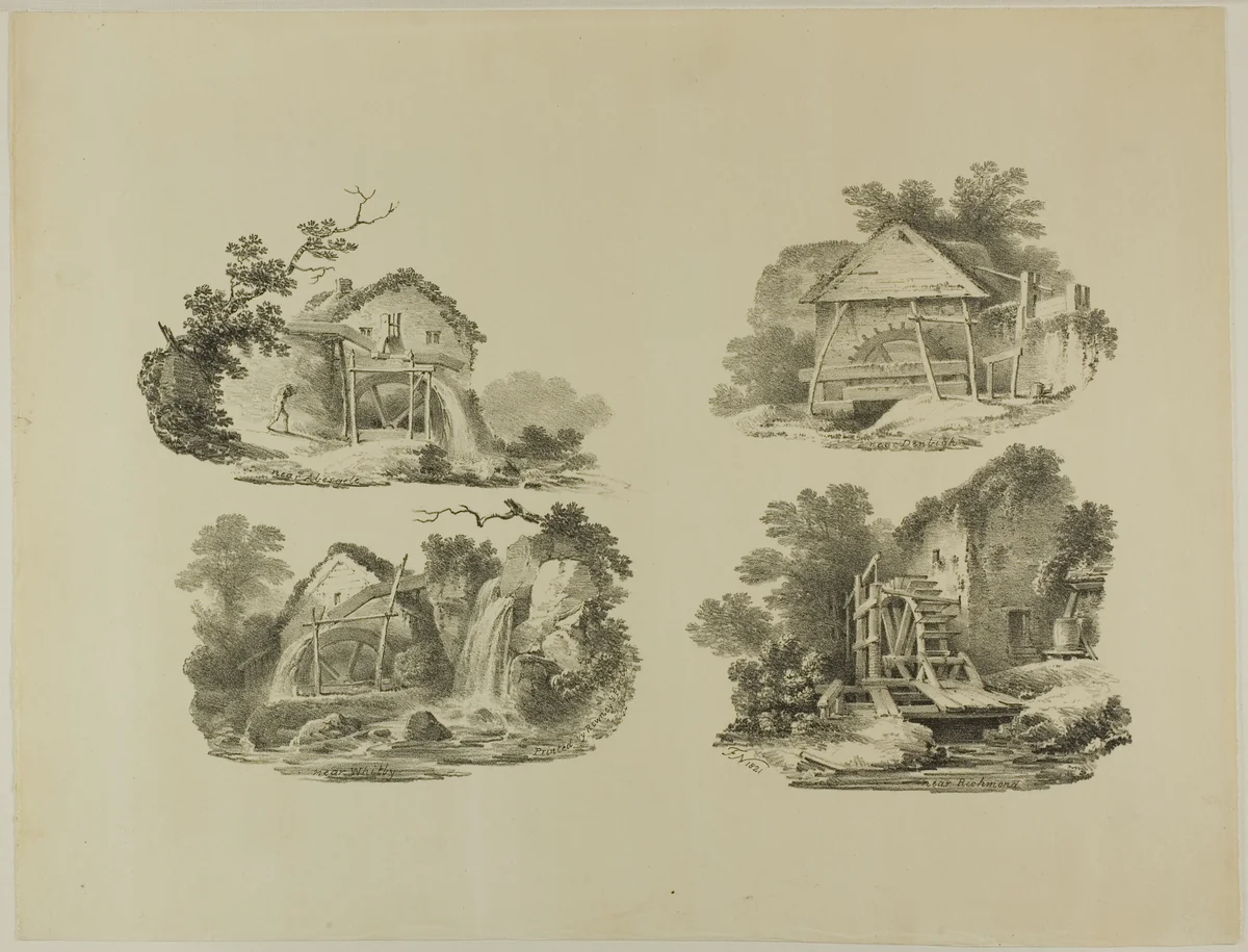 Mill Wheels near Abergele, Denbigh, Whitby, Richmond by Francis Nicholson, print, 1773-1844