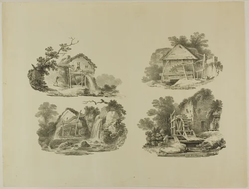 Mill Wheels near Abergele, Denbigh, Whitby, Richmond by Francis Nicholson, print, 1773-1844