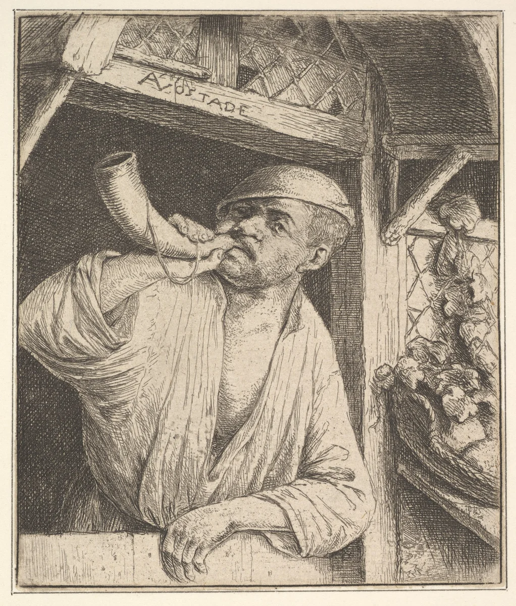 Baker Blowing Horn by Adriaen van Ostade, print, 1610-1685