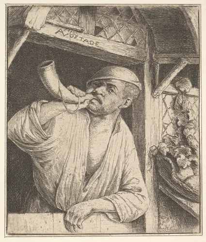 Baker Blowing Horn by Adriaen van Ostade, print, 1610-1685