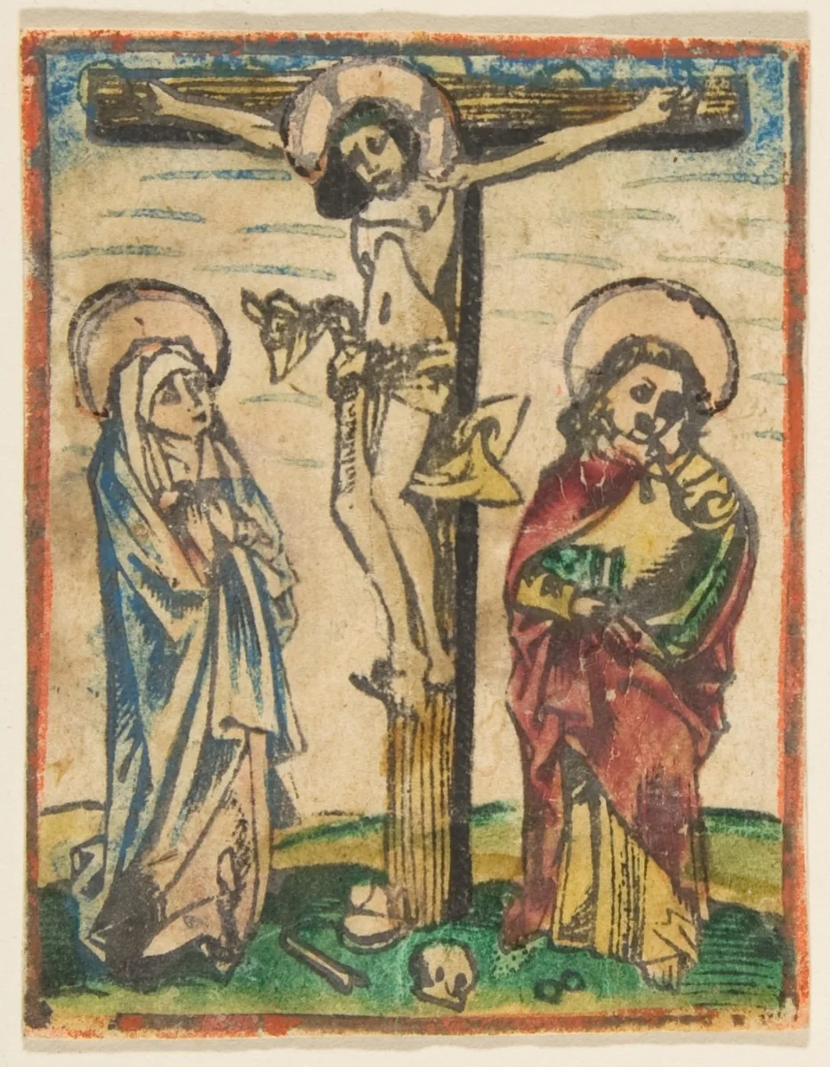 Christ on the Cross with the Virgin and Saint John by anonymous, print, 1400-1499