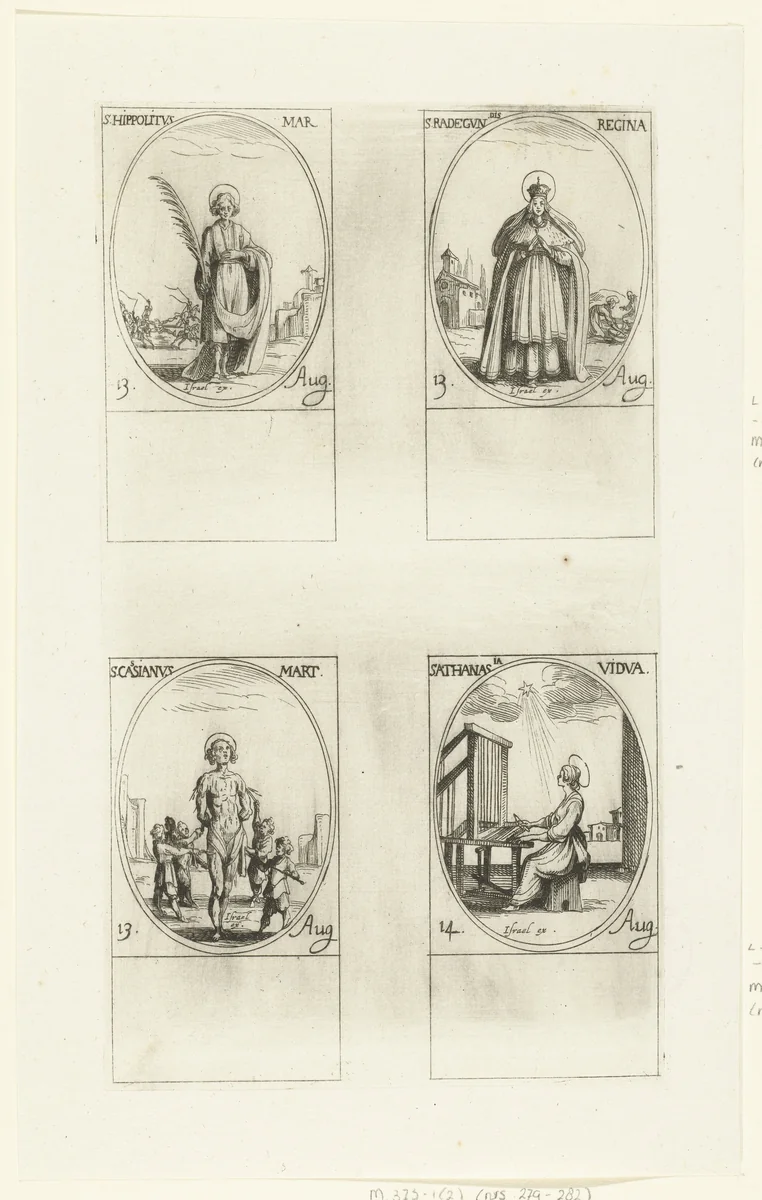 Heilige Hippolytus van Rome, Heilige Radegundis van Poitiers, Heilige Cassianus van Imola, Heilige Athanasia van Aegina (13-14 augustus) by Jacques Callot, print, 1632-1636