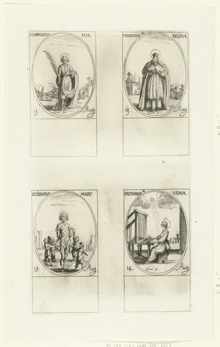 Heilige Hippolytus van Rome, Heilige Radegundis van Poitiers, Heilige Cassianus van Imola, Heilige Athanasia van Aegina (13-14 augustus) by Jacques Callot, print, 1632-1636