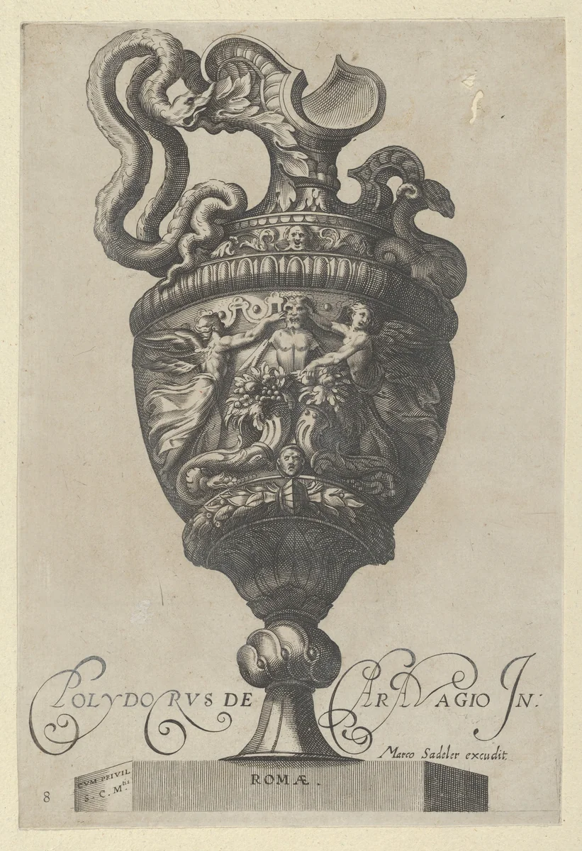 Plate 8: Vase or Ewer Decorated with a Satyr Figure, Behind Two Cornucopias, and Two Winged Victory Figures, from "Antique Vases" (Vasa a Polydoro Caravagino) by Aegidius Sadeler II, print, 1605