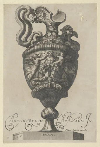 Plate 8: Vase or Ewer Decorated with a Satyr Figure, Behind Two Cornucopias, and Two Winged Victory Figures, from "Antique Vases" (Vasa a Polydoro Caravagino) by Aegidius Sadeler II, print, 1605