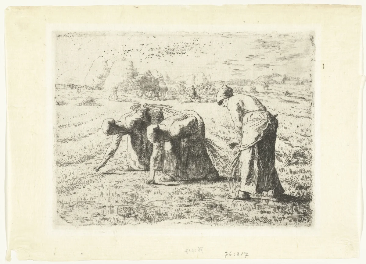 Drie vrouwen lezen aren op akker by Jean-François Millet, print, 1855