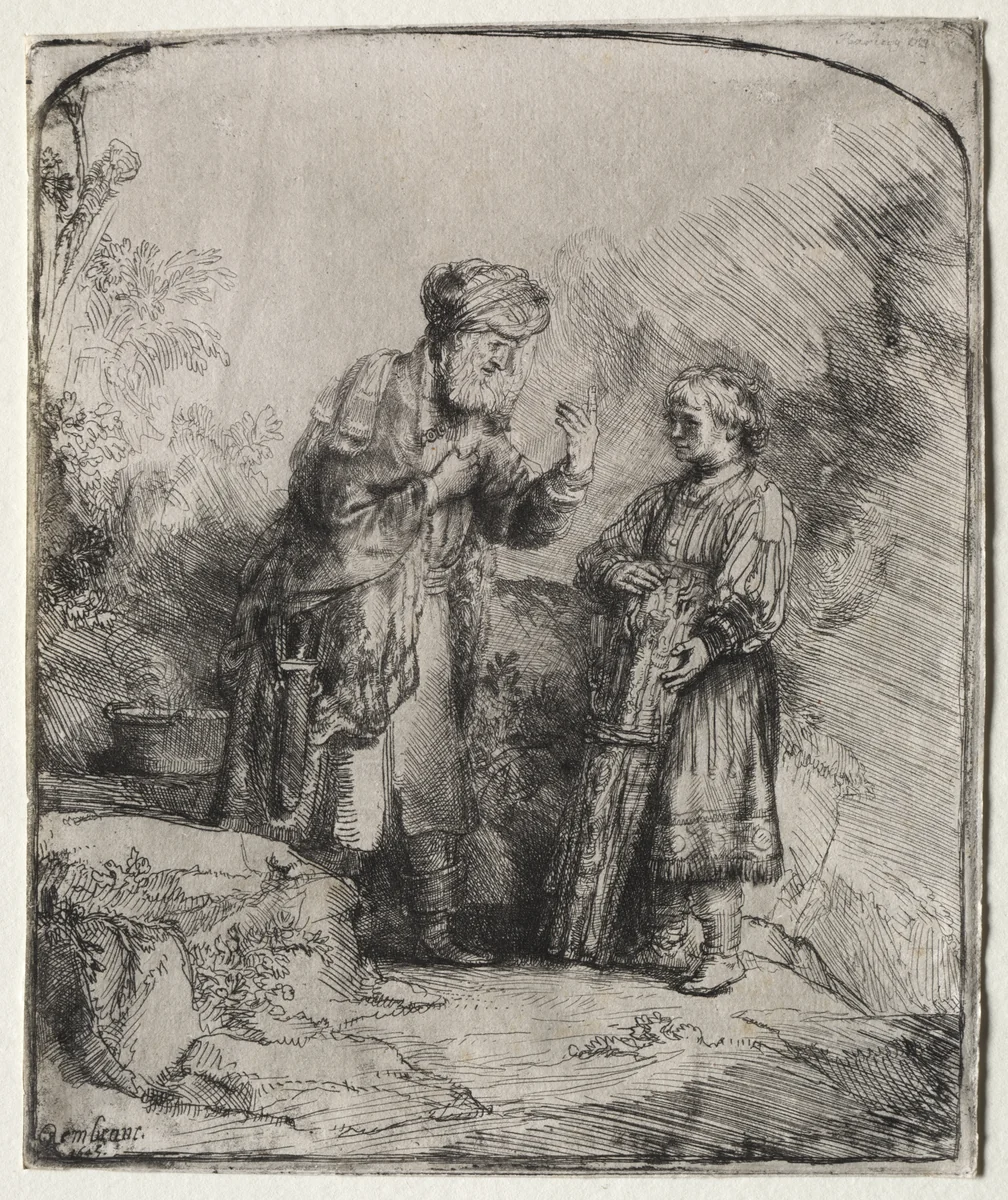 Abraham and Isaac by Rembrandt van Rijn, print, 1645