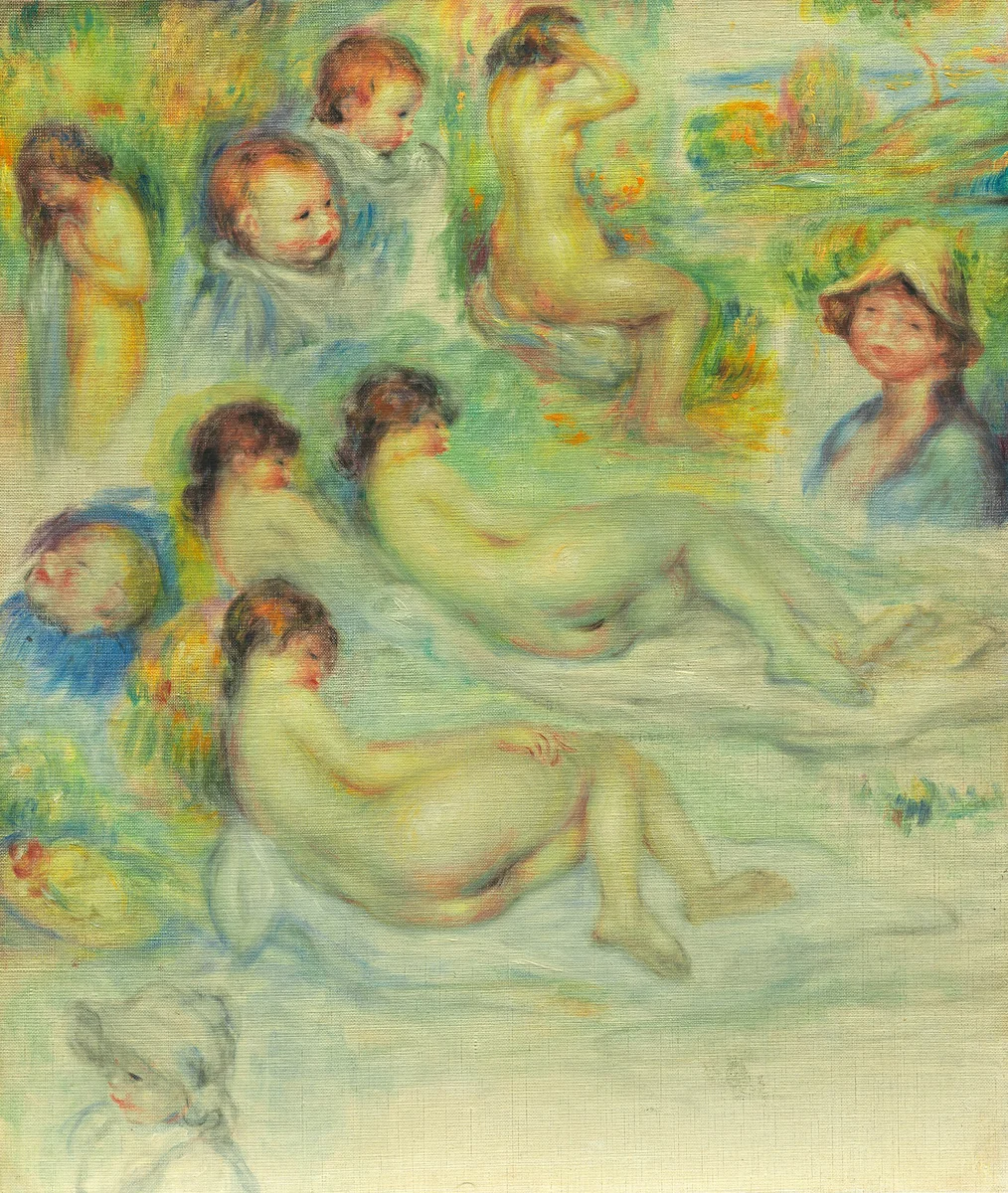 Studies of Pierre Renoir; His Mother, Aline Charigot; Nudes; and Landscape by Pierre-Auguste Renoir, painting, 1885-1886