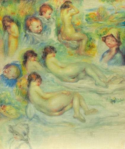 Studies of Pierre Renoir; His Mother, Aline Charigot; Nudes; and Landscape by Pierre-Auguste Renoir, painting, 1885-1886