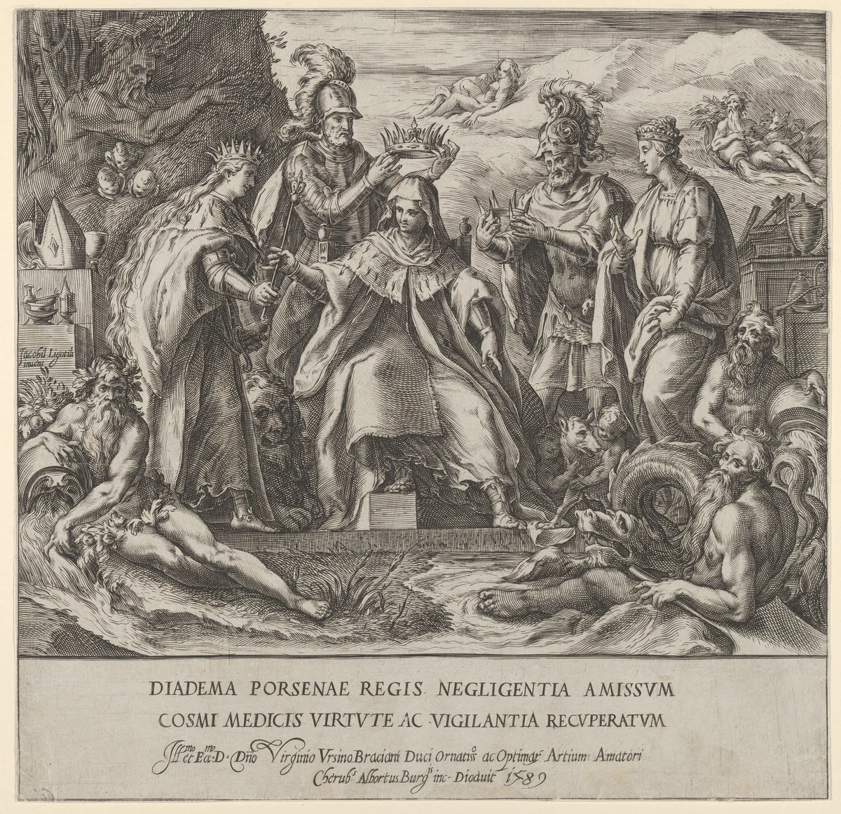 Allegory of the Medici Family with river gods in the foreground and in the clouds at right by Cherubino Alberti, print, 1589