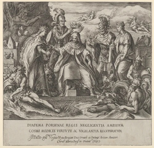 Allegory of the Medici Family with river gods in the foreground and in the clouds at right by Cherubino Alberti, print, 1589