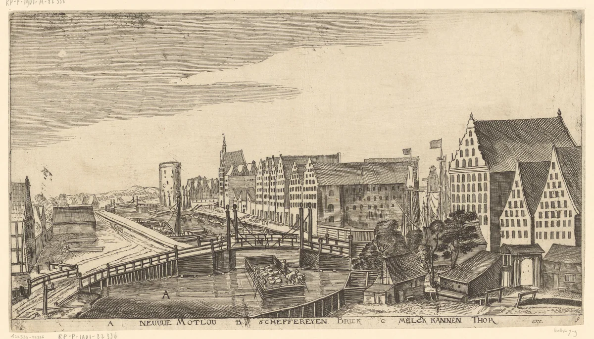 Gezicht op Danzig vanaf de Nieuwe Mottlau, met in de verte de Melkkan-toren by Aegidius Dickmann, print, 1625