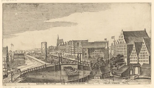 Gezicht op Danzig vanaf de Nieuwe Mottlau, met in de verte de Melkkan-toren by Aegidius Dickmann, print, 1625