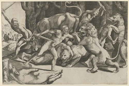 Five men fighting beasts, at lower left is a fallen boar by Master of the Die, print, 1532