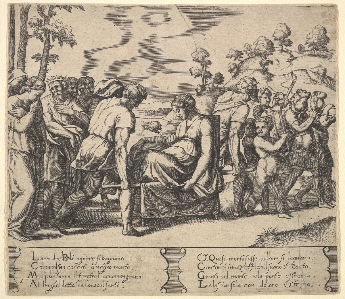 Plate 5: Psyche carried on a litter, from "The Fable of Cupid and Psyche" by Master of the Die, print, 1530-1560