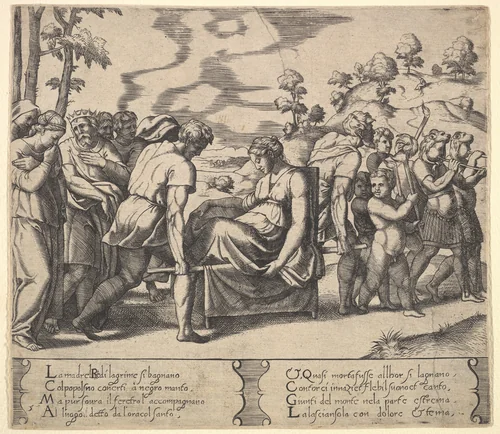 Plate 5: Psyche carried on a litter, from "The Fable of Cupid and Psyche" by Master of the Die, print, 1530-1560