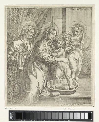 Maria en de jonge Johannes de Doper wassen het Christuskind by anonymous, print, 1637-1691