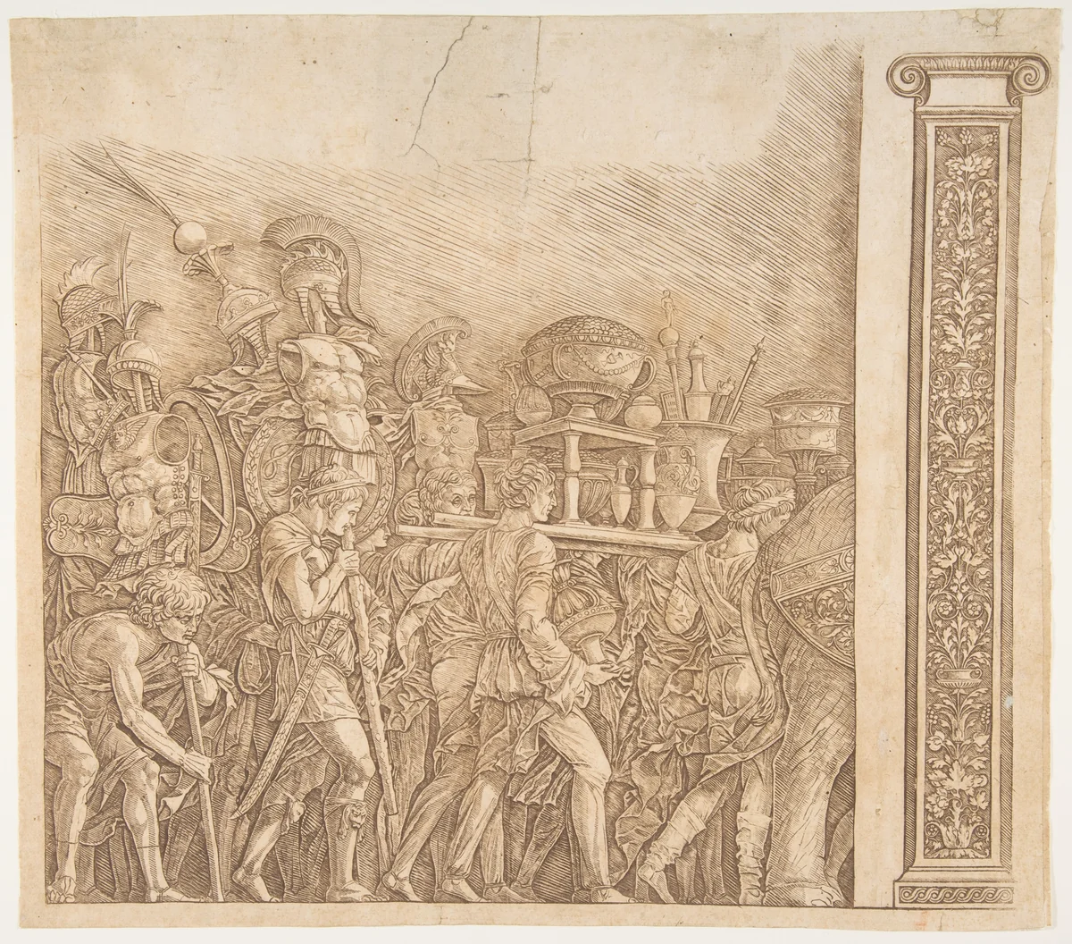 Triumph of Caesar: soldiers carrying trophies (pilaster at right) by Gian Marco Cavalli, print, 1492-1502