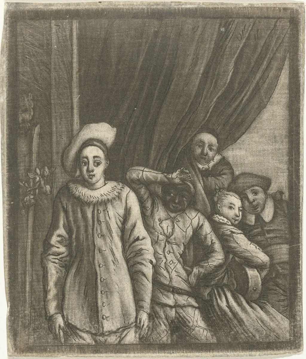 Pierrot en Harlekijn, ca. 1700 by anonymous, print, 1690-1800
