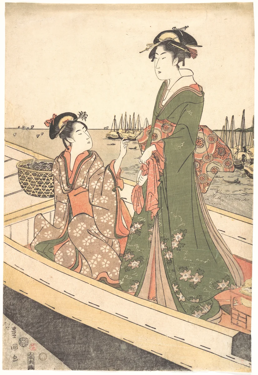 Two Women in a Boat; One Holding a Basket of Mussels by Utagawa Toyokuni, print, 1788-1808