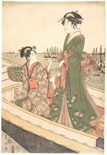 Two Women in a Boat; One Holding a Basket of Mussels by Utagawa Toyokuni, print, 1788-1808
