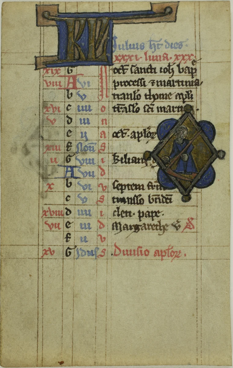 Figure with Scythe, Illuminated Initials "KL" or "BV" recto, and Fish with Lobster Claws, verso, from a Psalter or Book of Hours by Flemish, manuscript, 1275-1325