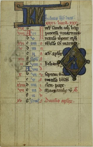 Figure with Scythe, Illuminated Initials "KL" or "BV" recto, and Fish with Lobster Claws, verso, from a Psalter or Book of Hours by Flemish, manuscript, 1275-1325