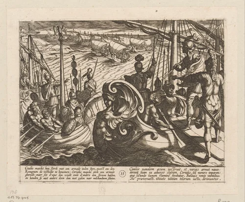 Bataafse en Romeinse vloten op de Rijn, 69-70 by Antonio Tempesta, print, 1612