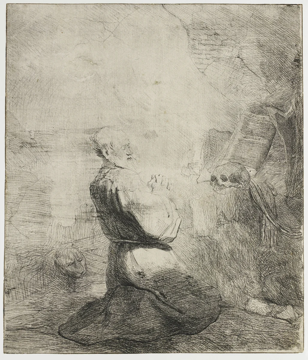 Knielende Hieronymus by Rembrandt van Rijn, print, 1628