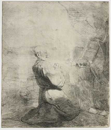 Knielende Hieronymus by Rembrandt van Rijn, print, 1628