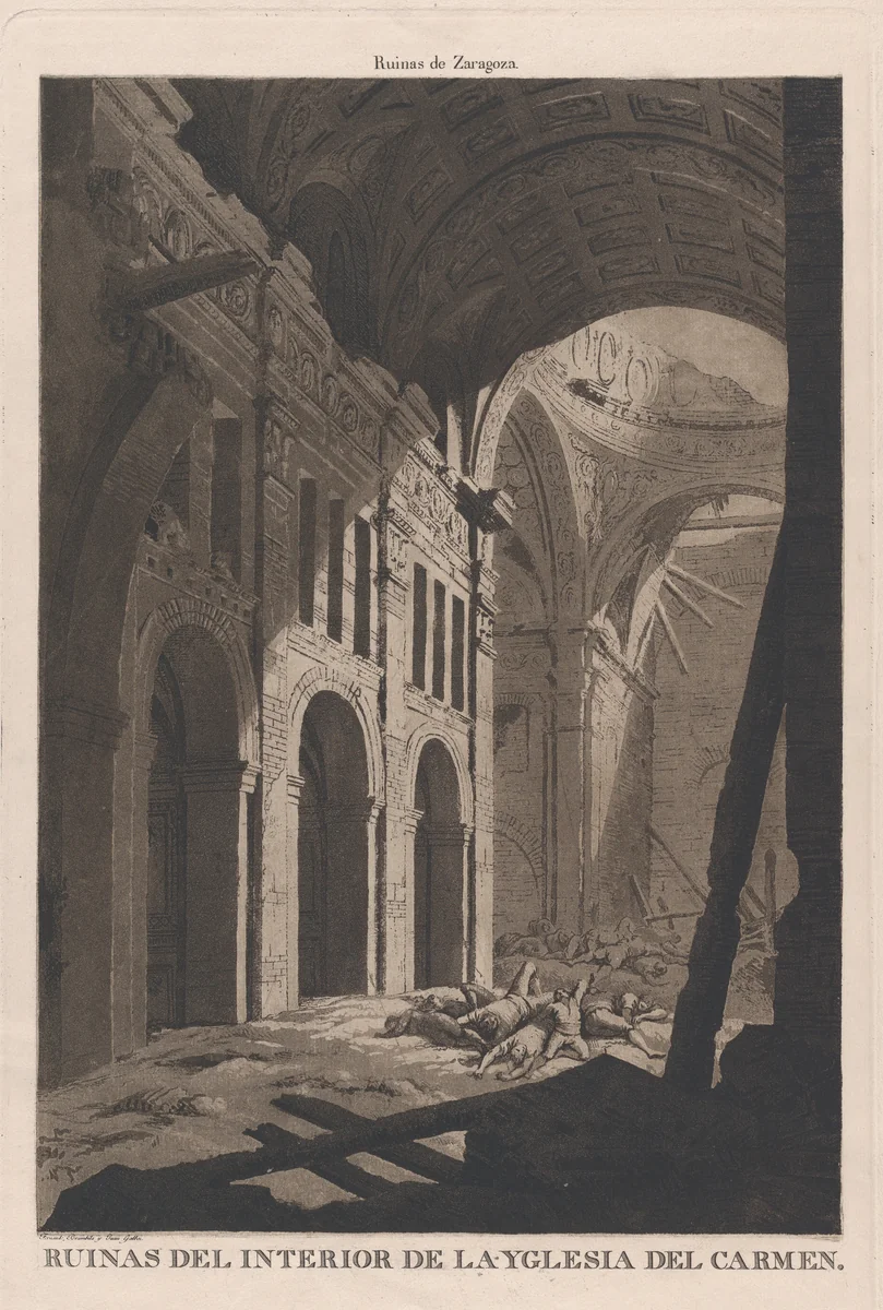 View of the ruins of the interior of the Church of Nuestra Senora del Carmen in Saragossa bombed by the invading French army during the Napoleonic war by Fernando Brambila, print, 1808-1814