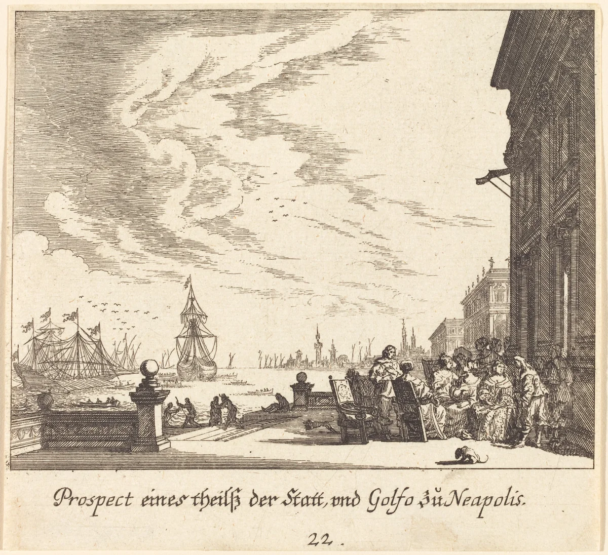 View of Gulf of Naples by Melchior Küsel; Johann Wilhelm Baur, print, 1681