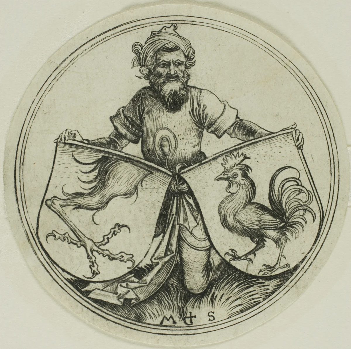 Shield with a Griffin's Foot and Shield with a Cock Held by a Moor by Martin Schongauer, print, 1475-1485