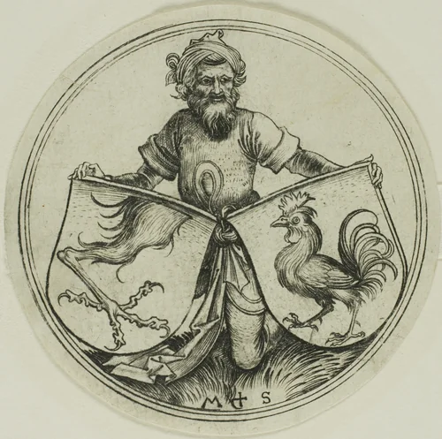 Shield with a Griffin's Foot and Shield with a Cock Held by a Moor by Martin Schongauer, print, 1475-1485