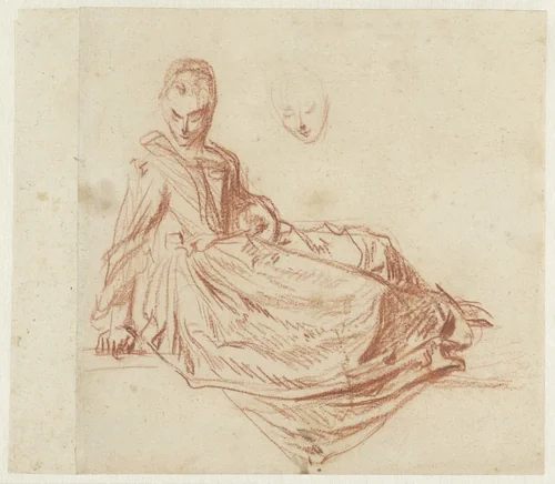 Op de grond zittende vrouw by Jean-Antoine Watteau, drawing, 1705-1721
